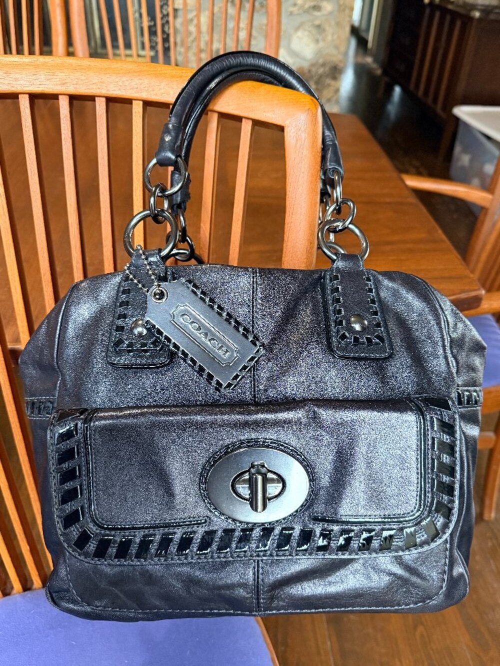 COACH Limited Edition Whipstitch Black Leather Satchel Kisslock 15994 - Picture 2 of 13